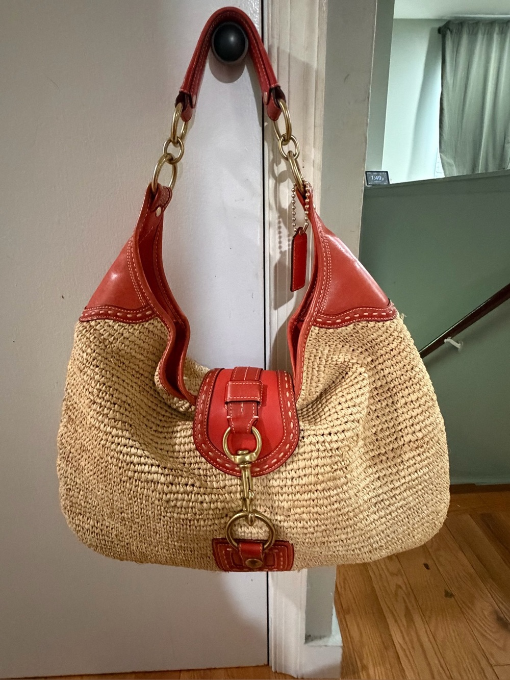 VINTAGE Coach Limited Edition XL Bleecker Millie Straw Hobo Bag Red Leather F133